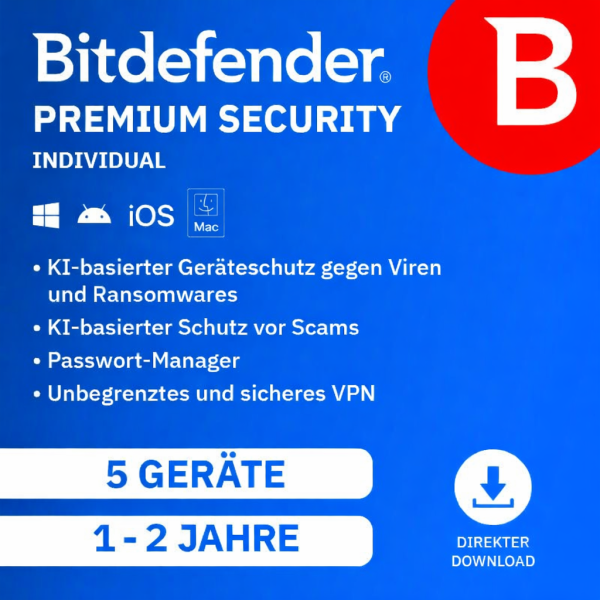 Bitdefender Premium Security Individual 2026 | 5 Geräte - 1 Jahr