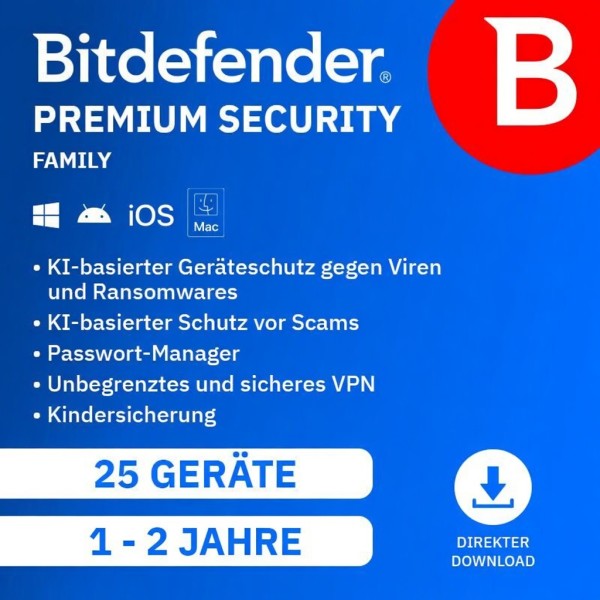 Bitdefender Premium Security Family 2026 | 25 Geräte - 1 Jahr